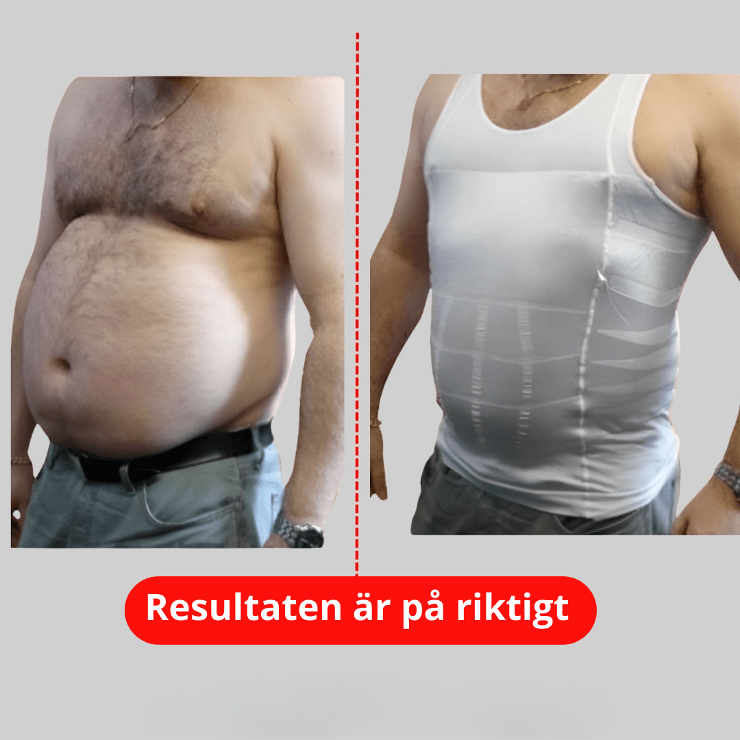 De to billeder ved siden af hinanden viser en mand før og efter brug af en slankende kompressionsundertrøje.