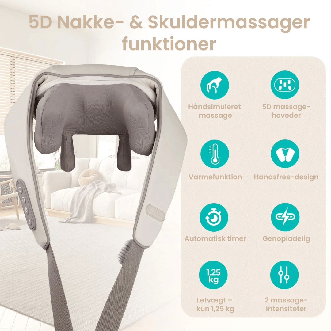 En nakkemassageapparat med danske funktioner, placeret i en rolig stue med bløde møbler.