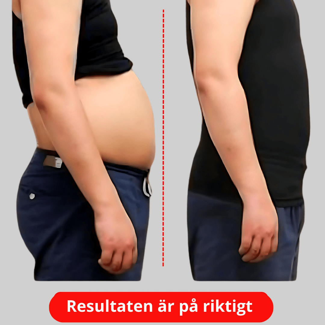 Sammenligning af overkroppen før og efter vægttab, med svensk tekst placeret under billederne.