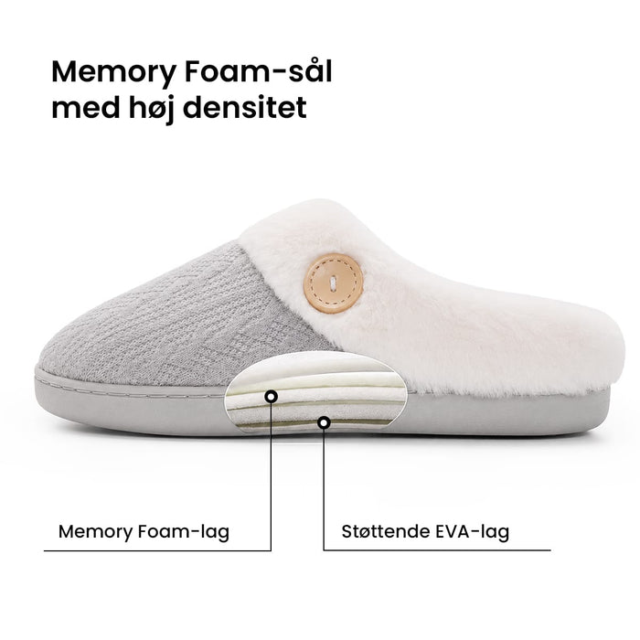 Grå, foret hjemmesko med skridsikker sål, fleece-kant samt en kombination af memory foam og EVA-sål.