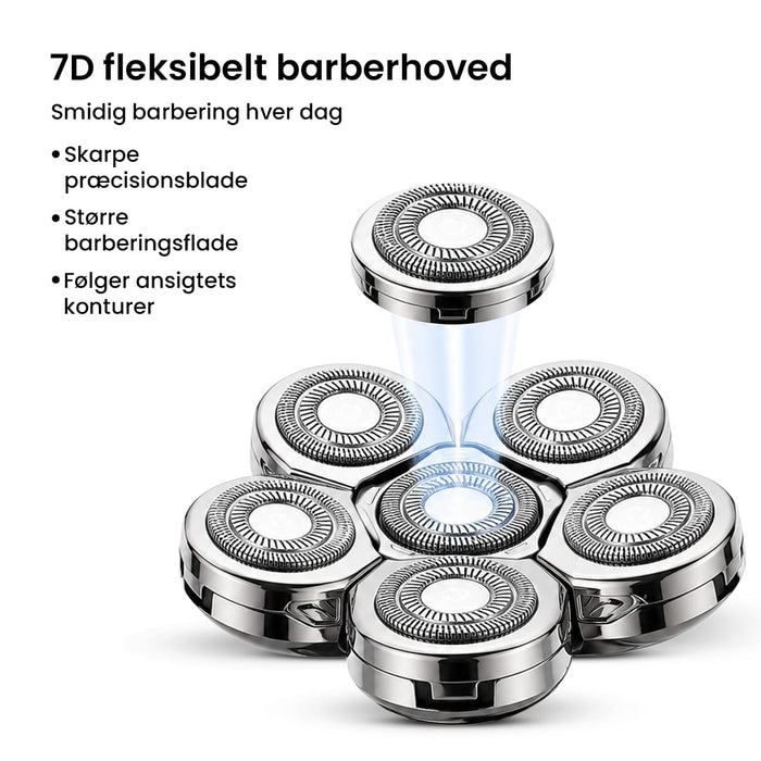 Barberhoved (7D-ekstrahoved) til barbermaskine, hvor en cirkulær knivenhed kan løsnes fra midten.