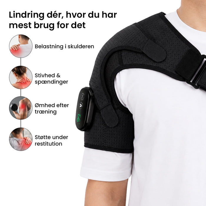 Sort skulderstøtte fra Kropsbutikken med varme, massage og kontrolenhed, vist med ikoner for skuldersmerter.