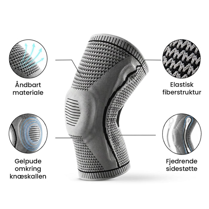 Grå knæbeskytter med elastisk støtte, gel-patellaring og sidestabilisatorer, vist med konstruktionsdetaljer.