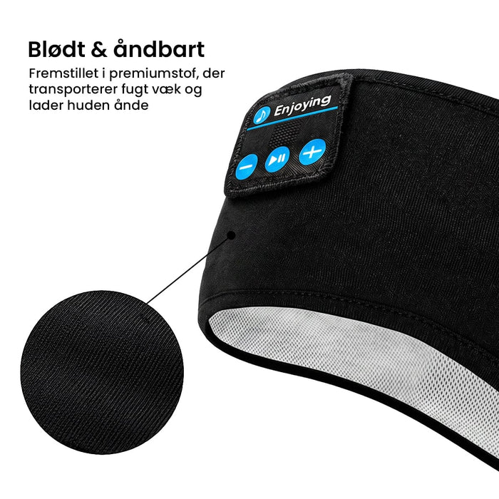 Sort pandebånd med Bluetooth-hovedtelefoner, indbygget kontrolpanel og nærbillede af det åndbare for.