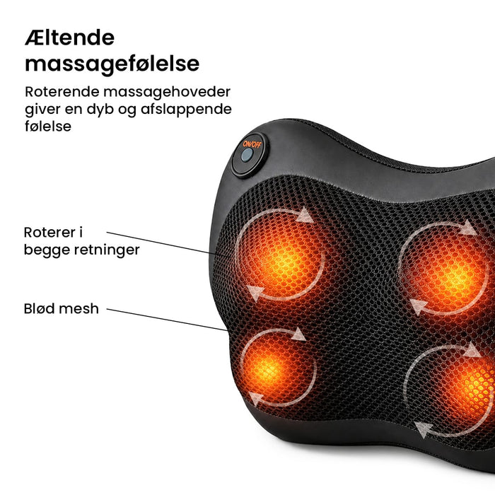 Massagepude fra Kropsbutikken med fire roterende, oplyste massagehoveder og tænd/sluk-knap.