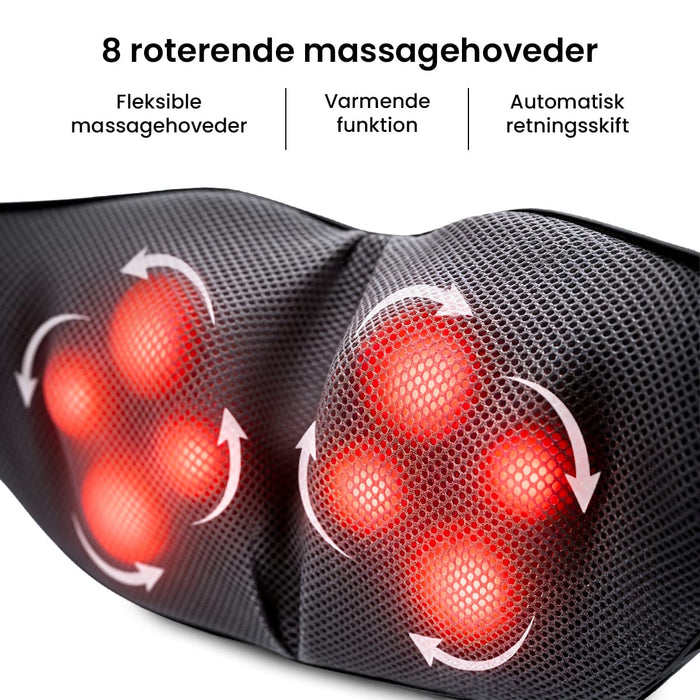 Shiatsu-massageapparat til nakke og ryg med otte roterende hoveder, varmefunktion og rødt lys bag netstoffet.