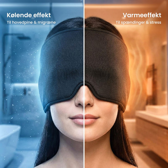 En person har en sort Migrænehue fra Kropsbutikken på, med en blå, køleende side og en orange, varmende side.
