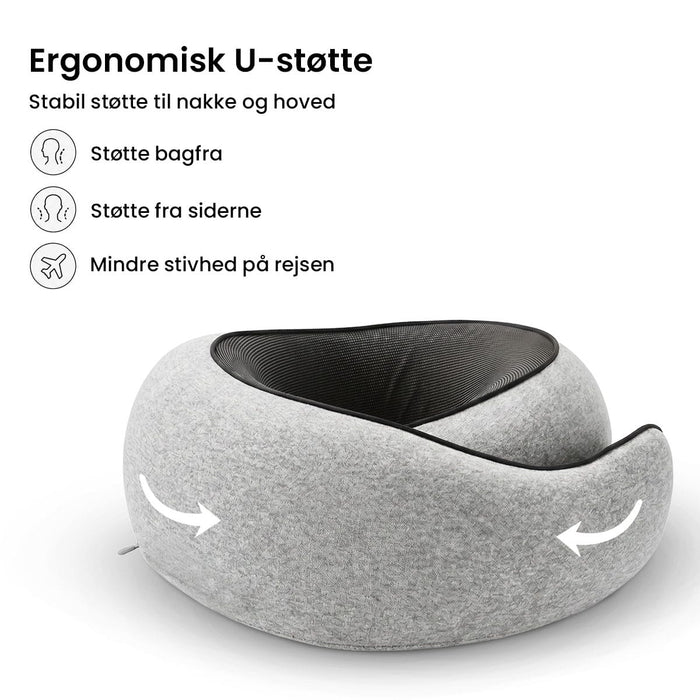 U-formet Premium-rejsepude med mørkt betræk og støttende egenskaber.