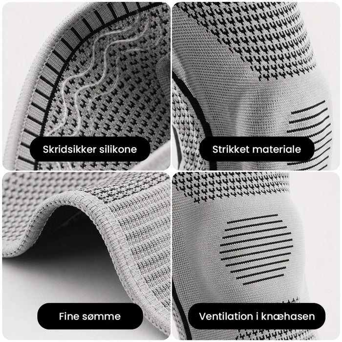 To nærbilleder af en grå knæbeskytter med elastisk støtte, der viser silikonekanten, det strikkede stof, sømmene og ventilationsåbningerne.