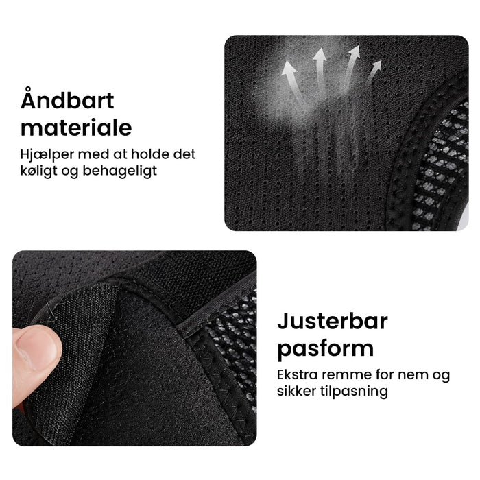 To nærbilleder af en skulderstøtte med varme og massage, fremstillet af åndbart mesh med justerbare velcrolukninger.