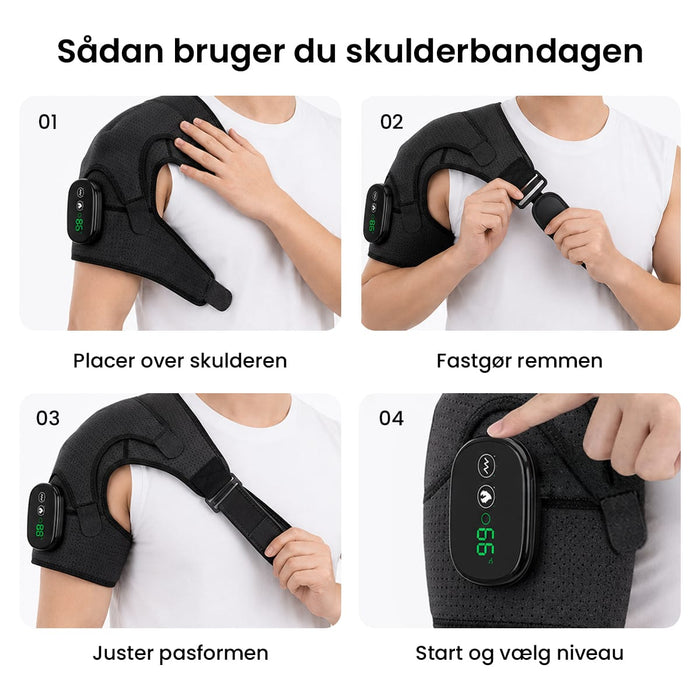 Fire-trins guide til placering, fastgørelse, justering og betjening af skulderstøtte med varme og massage.