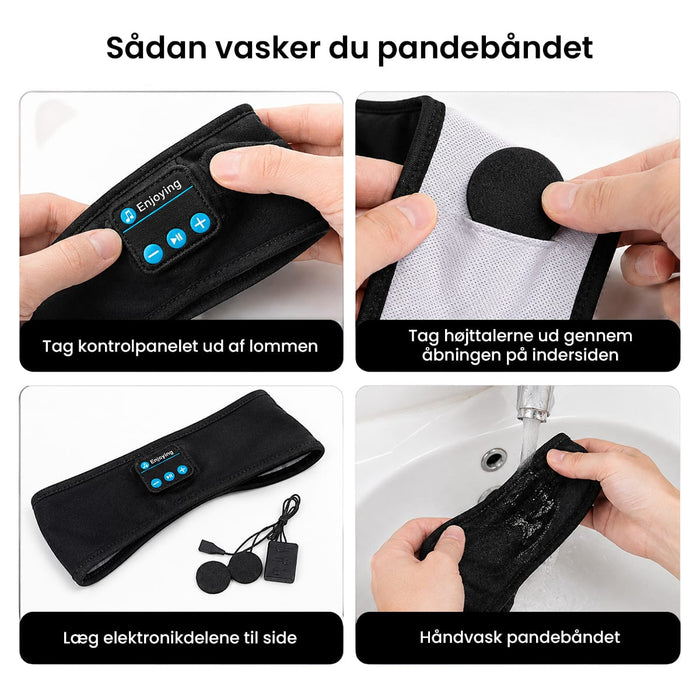 En vejledning i fire trin til fjernelse af elektroniske komponenter fra Bluetooth-pandebånd inden håndvask.