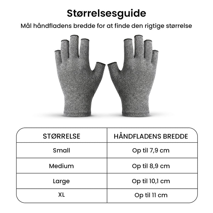Et par fingerløse kompressionshandsker til gigt, vist sammen med en størrelsesguide for håndbredde.