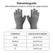 Et par fingerløse kompressionshandsker til gigt, vist sammen med en størrelsesguide for håndbredde.