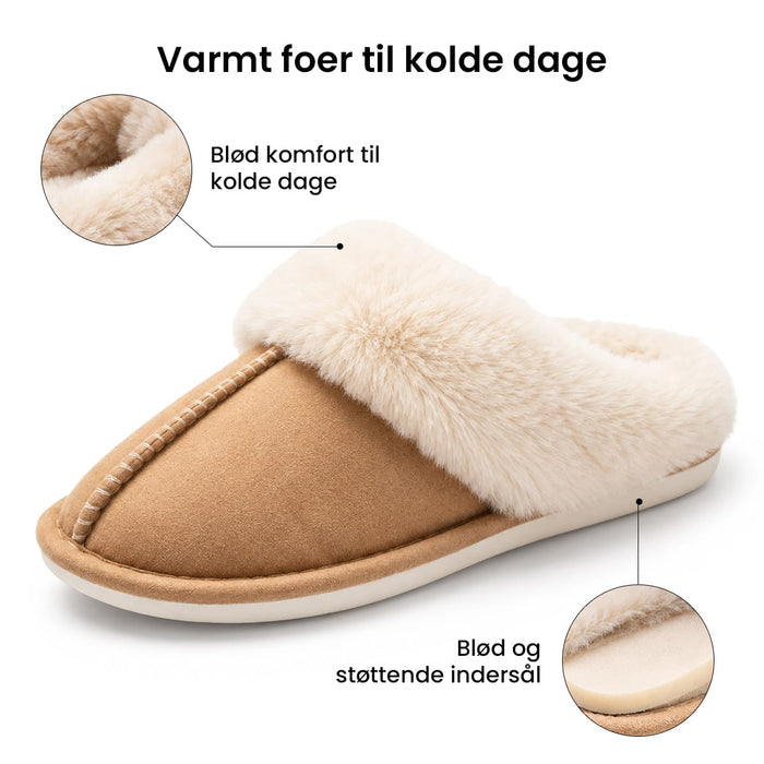 Brune, varmt foret indendørs hjemmesko med pelskrave og polstret, varm sål, der giver god støtte.