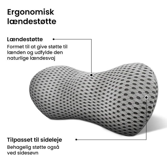 Grå lændepude i hukommelsesskum med tekstureret mesh-betræk og markeringer af ergonomiske egenskaber.